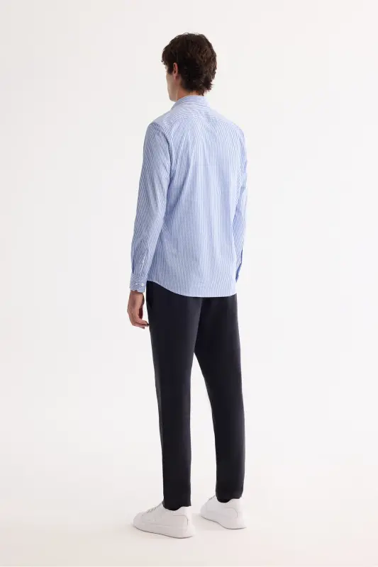 Erkek Mavi Alttan Britli Yaka Kolay Ütülenen Slim Fit Gömlek A42Y2134 - Mavi - 5