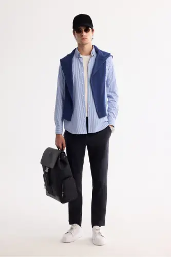 Erkek Mavi Alttan Britli Yaka Kolay Ütülenen Slim Fit Gömlek A42Y2134 - Mavi - 6