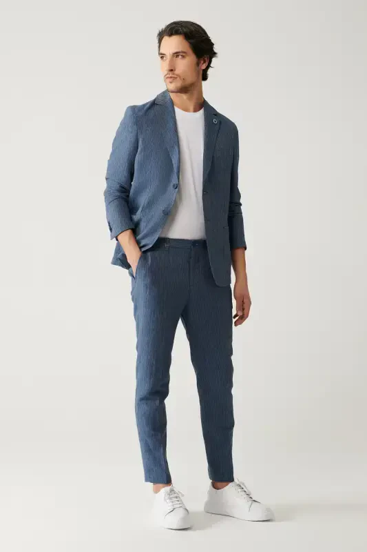 Erkek Mavi Relaxed Fit Beli Lastikli Keten Karışımlı Linen Touch Takım Elbise Pantolonu A41y3260-Mavi - AVVA
