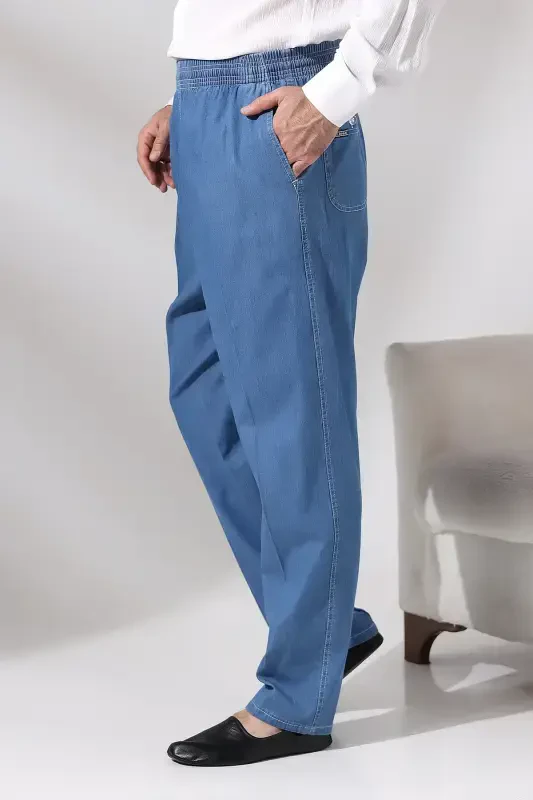 Erkek Mavi Çınar Beli Lastikli Rahat Kesim Kot Şalvar Pantolon-Mavi - 2
