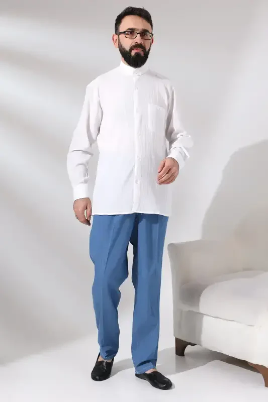 Erkek Mavi Çınar Beli Lastikli Rahat Kesim Kot Şalvar Pantolon-Mavi - 7