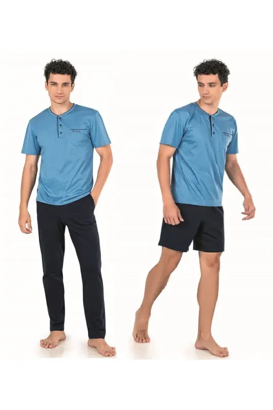 Erkek Mavi Damat Çeyizlik 3lü Penye Pijama Takımı-Mavi - 1