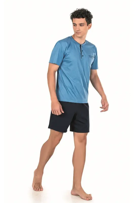 Erkek Mavi Damat Çeyizlik 3lü Penye Pijama Takımı-Mavi - 2