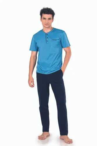 Erkek Mavi Damat Çeyizlik 3lü Penye Pijama Takımı-Mavi - 3