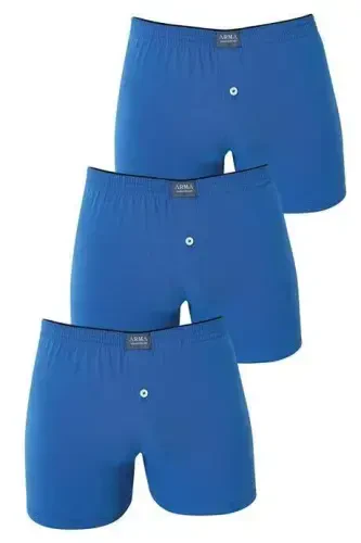 Erkek Mavi Düğmeli Boxer 3'lü Paket %100 Pamuklu Penye - 12