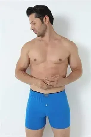 Erkek Mavi Düğmeli Boxer 3'lü Paket %100 Pamuklu Penye - 14