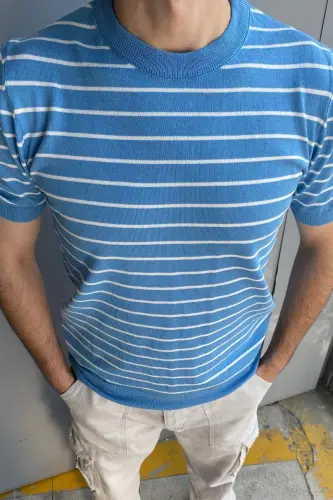 Erkek Mavi Kısa Kollu Fitilli Akrilik-Pamuk Karışımlı Triko T-Shirt - Mavi - 1