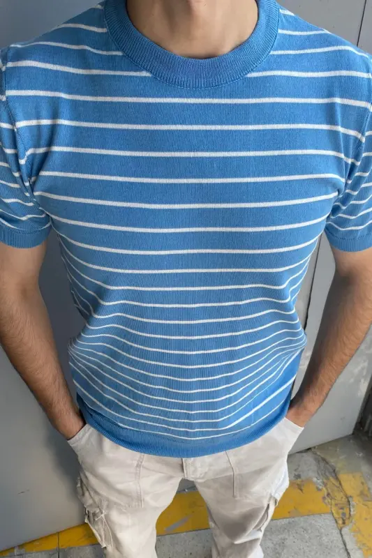 Erkek Mavi Kısa Kollu Fitilli Akrilik-Pamuk Karışımlı Triko T-Shirt - Mavi - 1