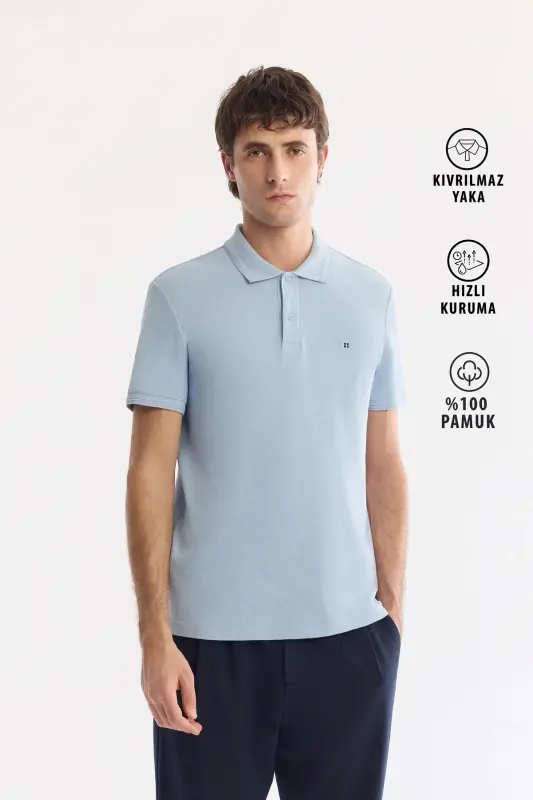 Erkek Mavi Kıvrılmaz Polo Yaka %100 Pamuk Basic Regular Fit T-Shirt B001032 - Mavi - 1