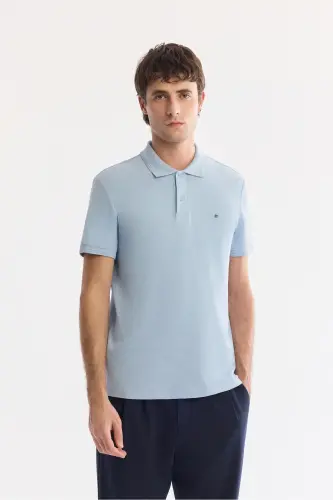 Erkek Mavi Kıvrılmaz Polo Yaka %100 Pamuk Basic Regular Fit T-Shirt B001032 - Mavi 