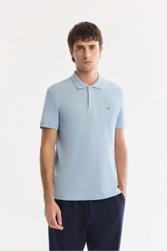 Erkek Mavi Kıvrılmaz Polo Yaka %100 Pamuk Basic Regular Fit T-Shirt B001032 - Mavi - 1