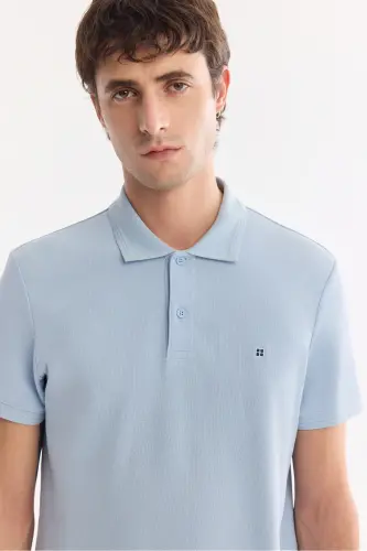Erkek Mavi Kıvrılmaz Polo Yaka %100 Pamuk Basic Regular Fit T-Shirt B001032 - Mavi - 2