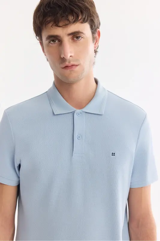 Erkek Mavi Kıvrılmaz Polo Yaka %100 Pamuk Basic Regular Fit T-Shirt B001032 - Mavi - 2