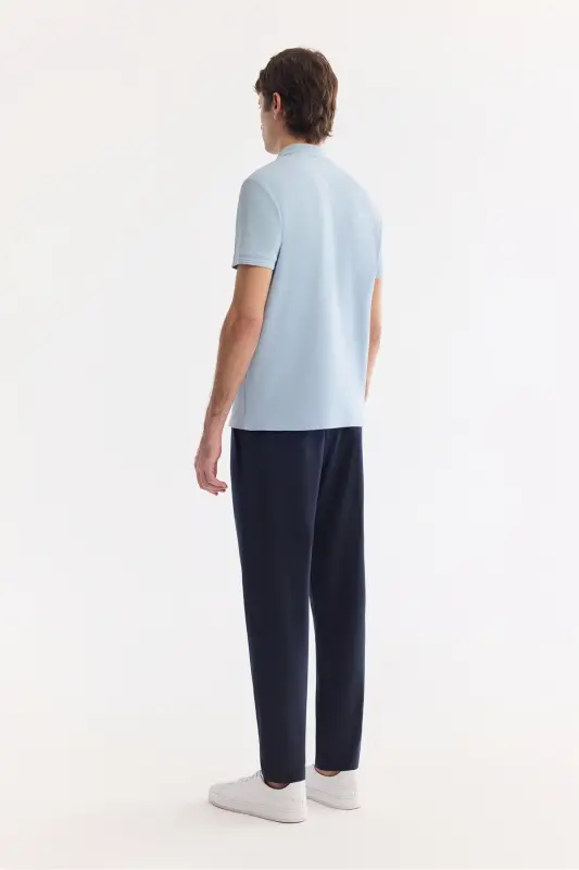 Erkek Mavi Kıvrılmaz Polo Yaka %100 Pamuk Basic Regular Fit T-Shirt B001032 - Mavi - 4