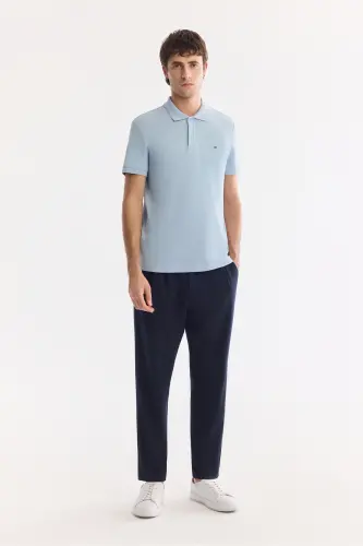 Erkek Mavi Kıvrılmaz Polo Yaka %100 Pamuk Basic Regular Fit T-Shirt B001032 - Mavi - 5