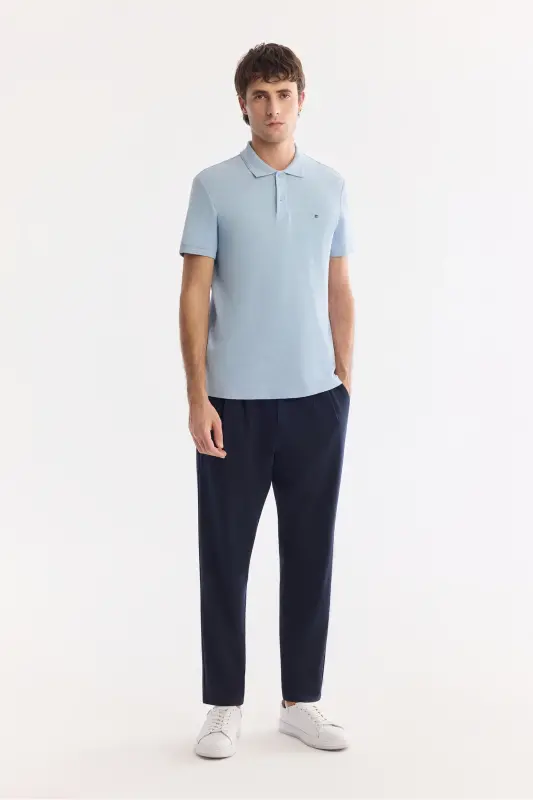 Erkek Mavi Kıvrılmaz Polo Yaka %100 Pamuk Basic Regular Fit T-Shirt B001032 - Mavi - 5