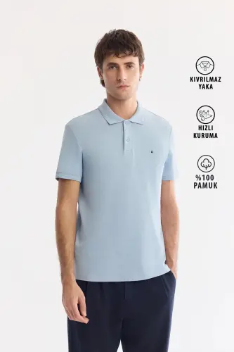 Erkek Mavi Kıvrılmaz Polo Yaka %100 Pamuk Basic Regular Fit T-Shirt B001032 - Mavi 