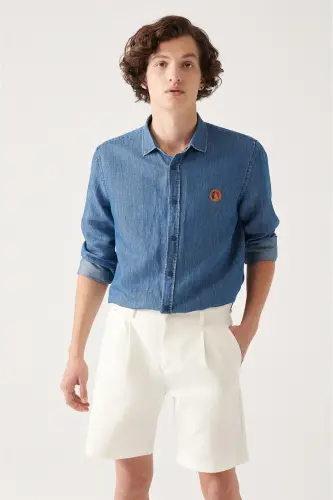 Erkek Mavi Pamuklu Çıtçıtlı Marine Baskılı Comfort Fit Denim Gömlek A31Y2224 - Mavi - 1