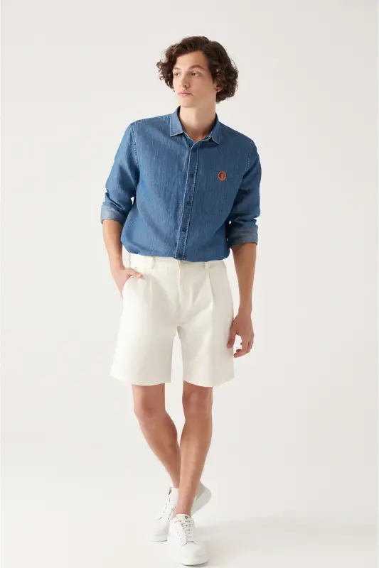 Erkek Mavi Pamuklu Çıtçıtlı Marine Baskılı Comfort Fit Denim Gömlek A31Y2224 - Mavi - 5