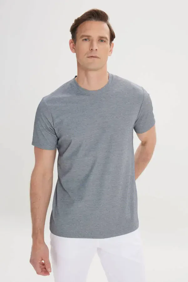 Erkek Mavi Slim Fit Dar Kesim Bisiklet Yaka Pamuklu Tişört-Mavi - 1