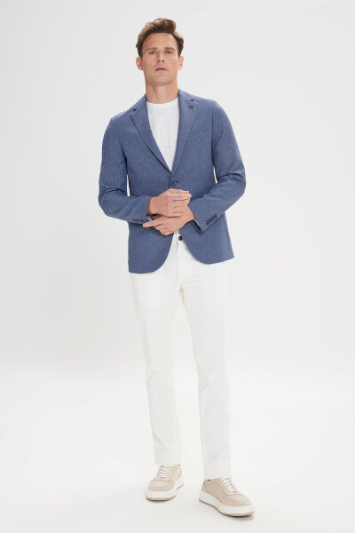 Erkek Mavi Slim Fit Dar Kesim Mono Yaka Desenli Blazer Ceket - Mavi - 9
