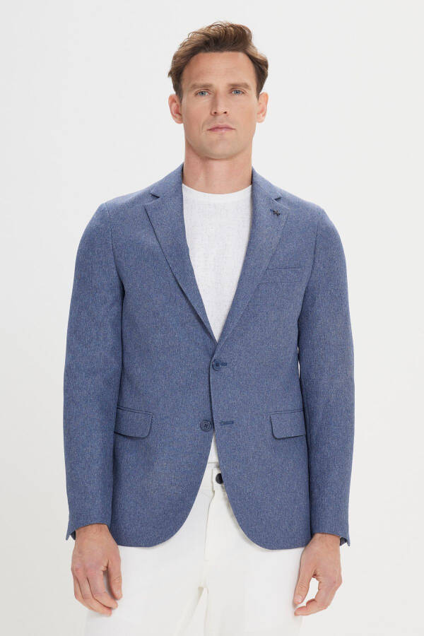 Erkek Mavi Slim Fit Dar Kesim Mono Yaka Desenli Blazer Ceket - Mavi - 11