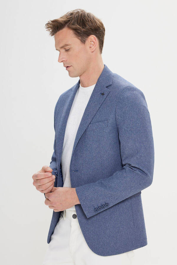 Erkek Mavi Slim Fit Dar Kesim Mono Yaka Desenli Blazer Ceket - Mavi - 12