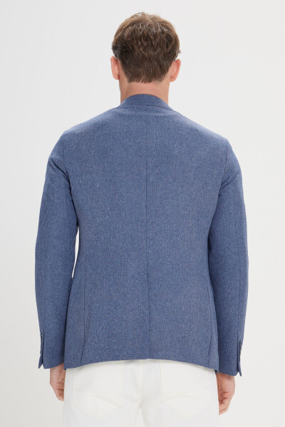 Erkek Mavi Slim Fit Dar Kesim Mono Yaka Desenli Blazer Ceket - Mavi - 14