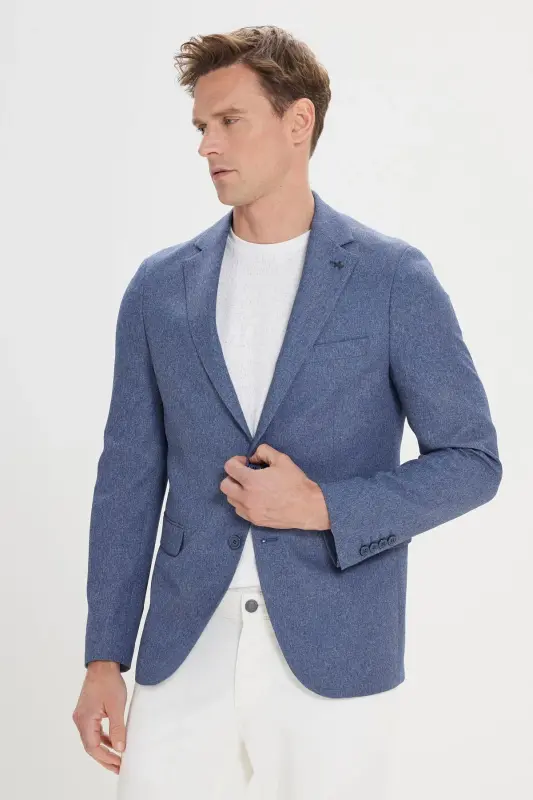 Erkek Mavi Slim Fit Dar Kesim Mono Yaka Desenli Blazer Ceket - Mavi - 1