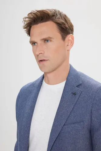 Erkek Mavi Slim Fit Dar Kesim Mono Yaka Desenli Blazer Ceket - Mavi - 4