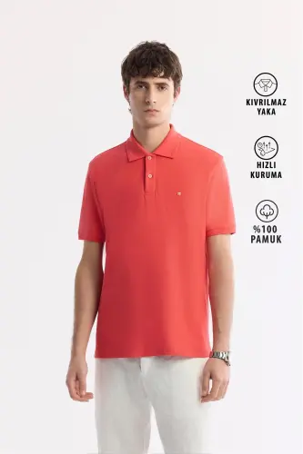 Erkek Mercan Kıvrılmaz Polo Yaka %100 Pamuk Basic Regular Fit T-Shirt B001032 - Mercan 
