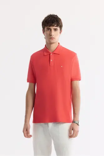 Erkek Mercan Kıvrılmaz Polo Yaka %100 Pamuk Basic Regular Fit T-Shirt B001032 - Mercan 