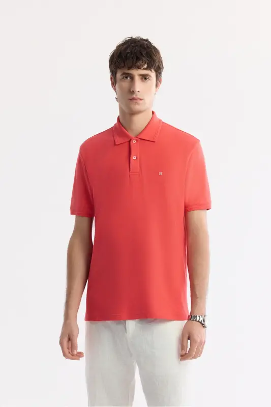 Erkek Mercan Kıvrılmaz Polo Yaka %100 Pamuk Basic Regular Fit T-Shirt B001032 - Mercan - 1