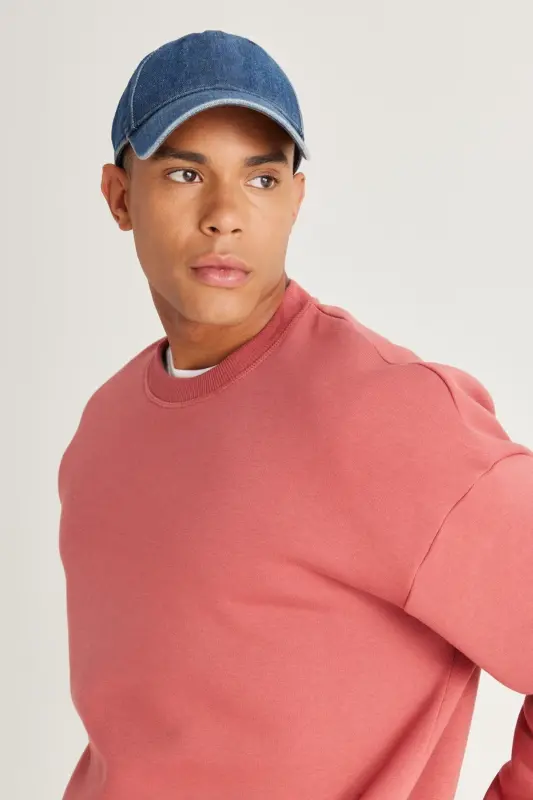 Erkek Mercan Oversize Bol Kesim Içi Polarlı 3 Iplik Bisiklet Yaka Pamuklu Sweatshirt - Mercan - 4