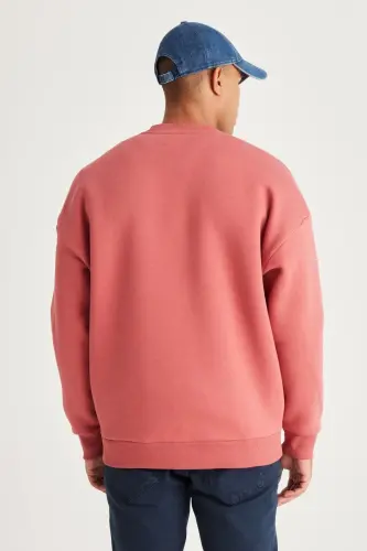 Erkek Mercan Oversize Bol Kesim Içi Polarlı 3 Iplik Bisiklet Yaka Pamuklu Sweatshirt - Mercan - 5