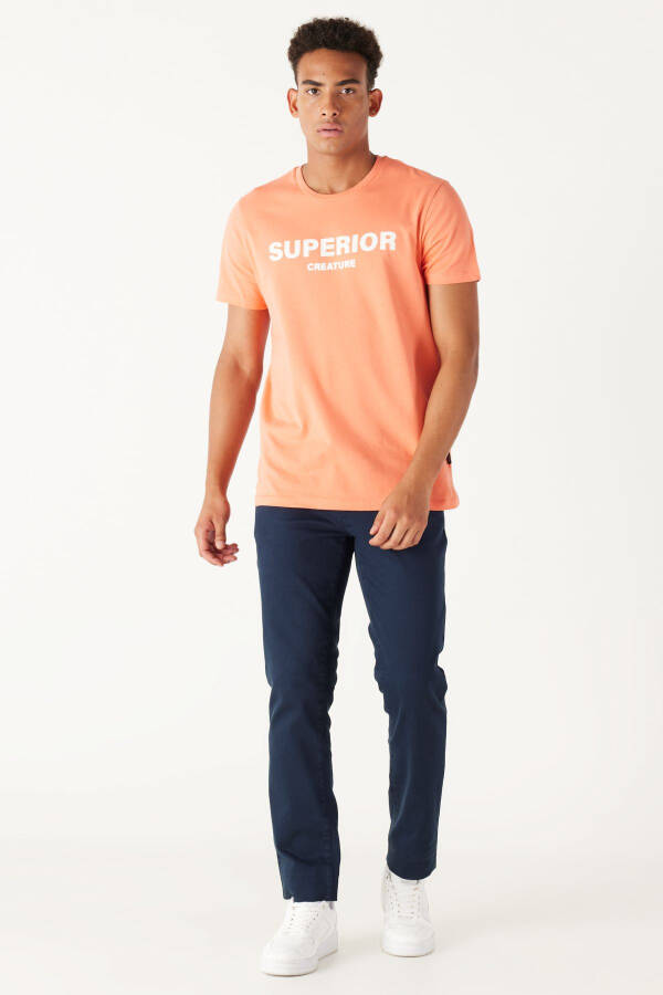 Erkek Mercan Slim Fit Dar Kesim Bisiklet Yaka %100 Pamuk Slogan Baskılı Tişört - Mercan - 2