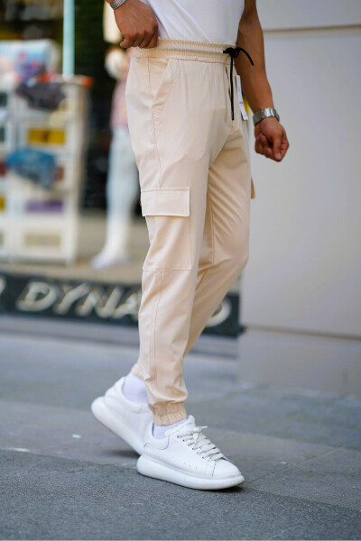 Erkek Mind Bej Beli Lastikli Bağcıklı Kargo Cepli Esnek Slim Fit Kesim Jogger Pantolon - CEYHANPARK