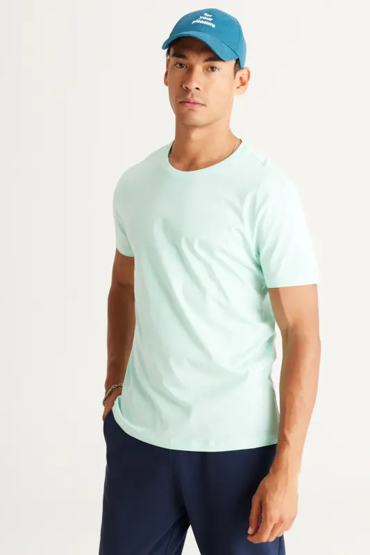 Erkek Mint %100 Pamuk Slim Fit Dar Kesim Bisiklet Yaka Basic Tişört - Mınt - 5