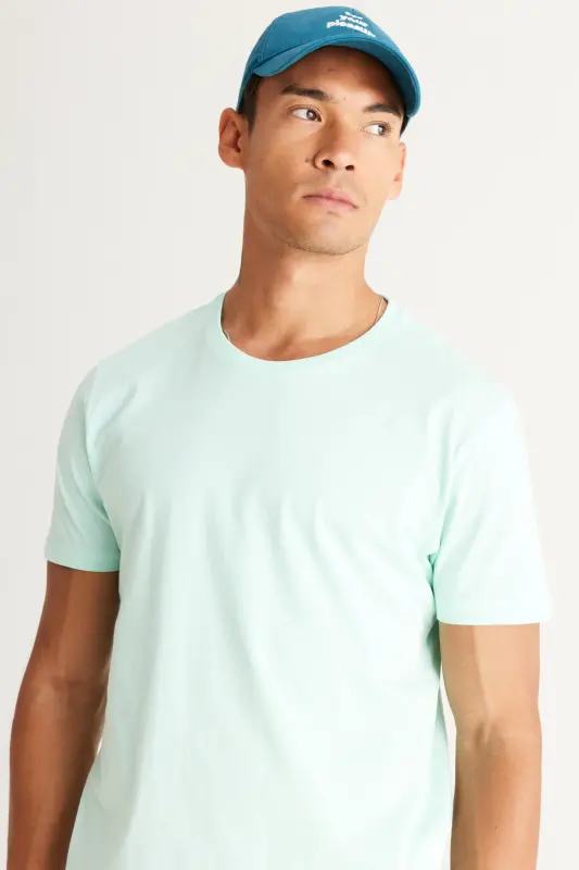 Erkek Mint %100 Pamuk Slim Fit Dar Kesim Bisiklet Yaka Basic Tişört - Mınt - 7