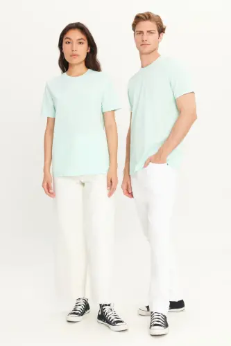 Erkek Mint %100 Pamuk Slim Fit Dar Kesim Bisiklet Yaka Basic Tişört - Mınt - 8