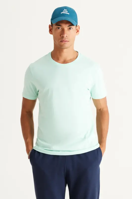 Erkek Mint %100 Pamuk Slim Fit Dar Kesim Bisiklet Yaka Basic Tişört - Mınt - AC&CO / ALTINYILDIZ CLASSICS