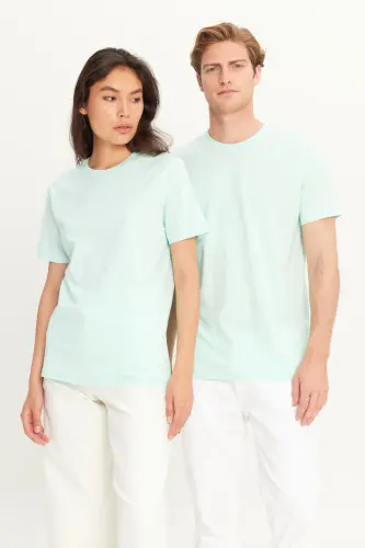 Erkek Mint %100 Pamuk Slim Fit Dar Kesim Bisiklet Yaka Basic Tişört - Mınt - 3