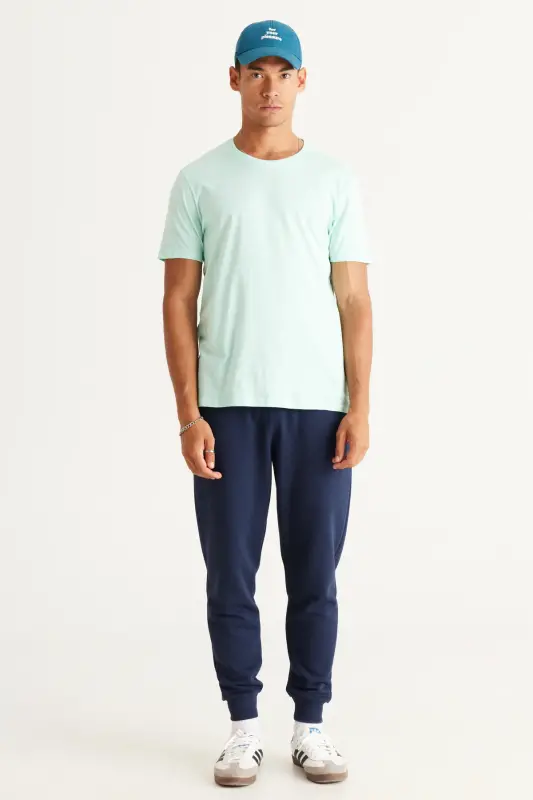 Erkek Mint %100 Pamuk Slim Fit Dar Kesim Bisiklet Yaka Basic Tişört - Mınt - 4