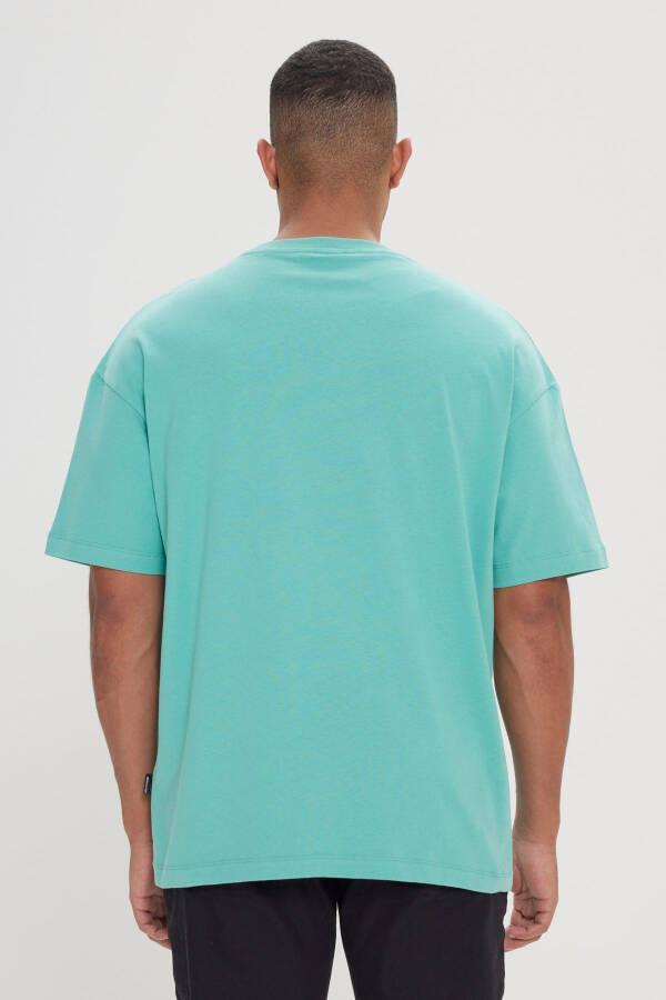 Erkek Mint Oversize Bol Kesim Bisiklet Yaka %100 Pamuk Baskılı Tişört - Mınt - 5