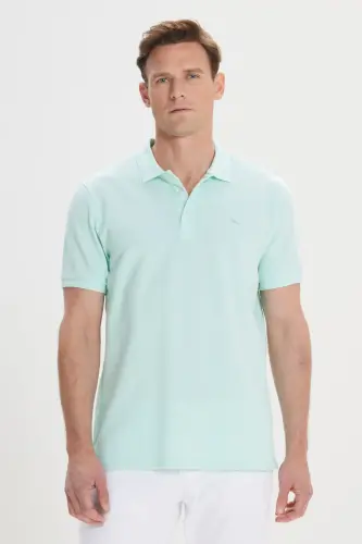 Erkek Mint Slim Fit Dar Kesim Polo Yaka %100 Pamuk Kısa Kollu Tişört - Mınt - 1