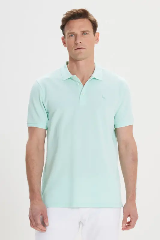 Erkek Mint Slim Fit Dar Kesim Polo Yaka %100 Pamuk Kısa Kollu Tişört - Mınt - 1