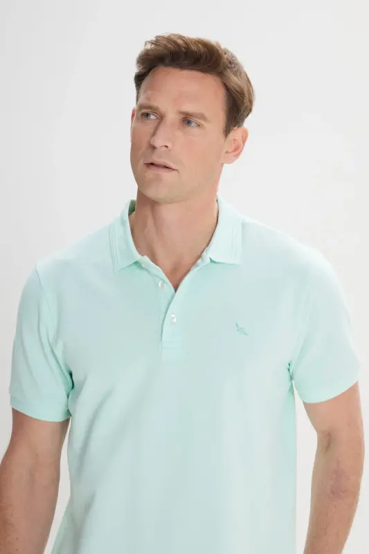 Erkek Mint Slim Fit Dar Kesim Polo Yaka %100 Pamuk Kısa Kollu Tişört - Mınt - 3