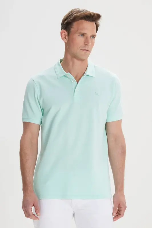 Erkek Mint Slim Fit Dar Kesim Polo Yaka %100 Pamuk Kısa Kollu Tişört - Mınt - 4