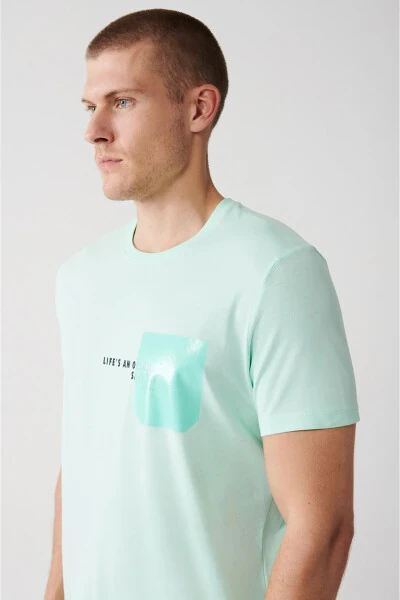 Erkek Mint Yeşil %100 Pamuk Bisiklet Yaka Cep Baskılı T-Shirt A31Y1152 - 2