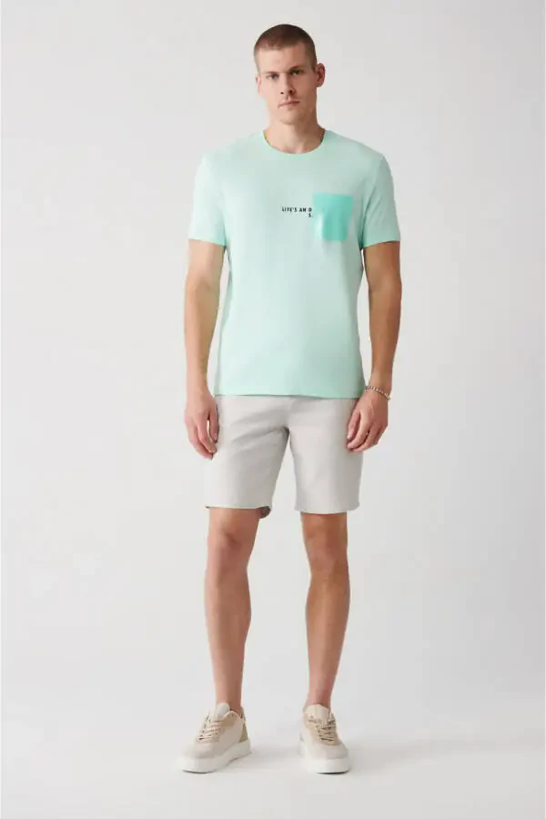 Erkek Mint Yeşil %100 Pamuk Bisiklet Yaka Cep Baskılı T-Shirt A31Y1152 - 5